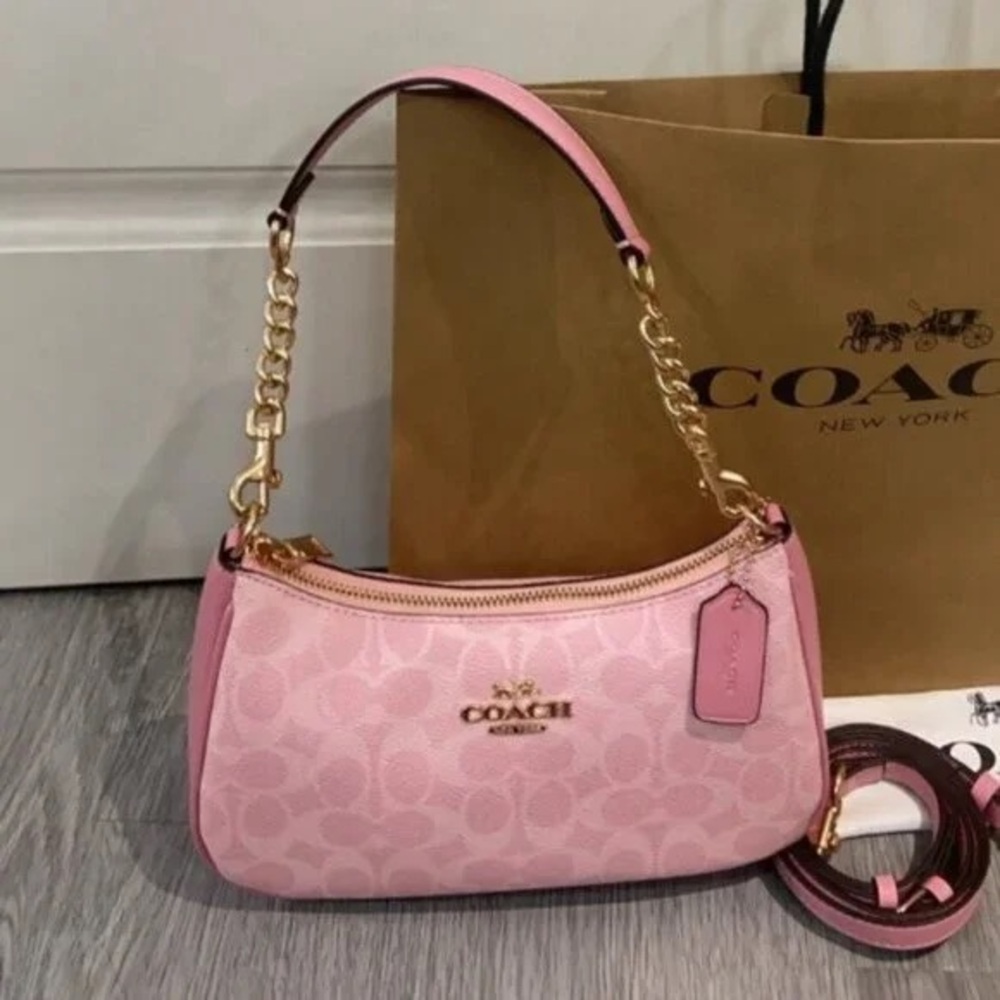 Coach Pink Signature Canvas Shoulder Bag with Gold Hardware